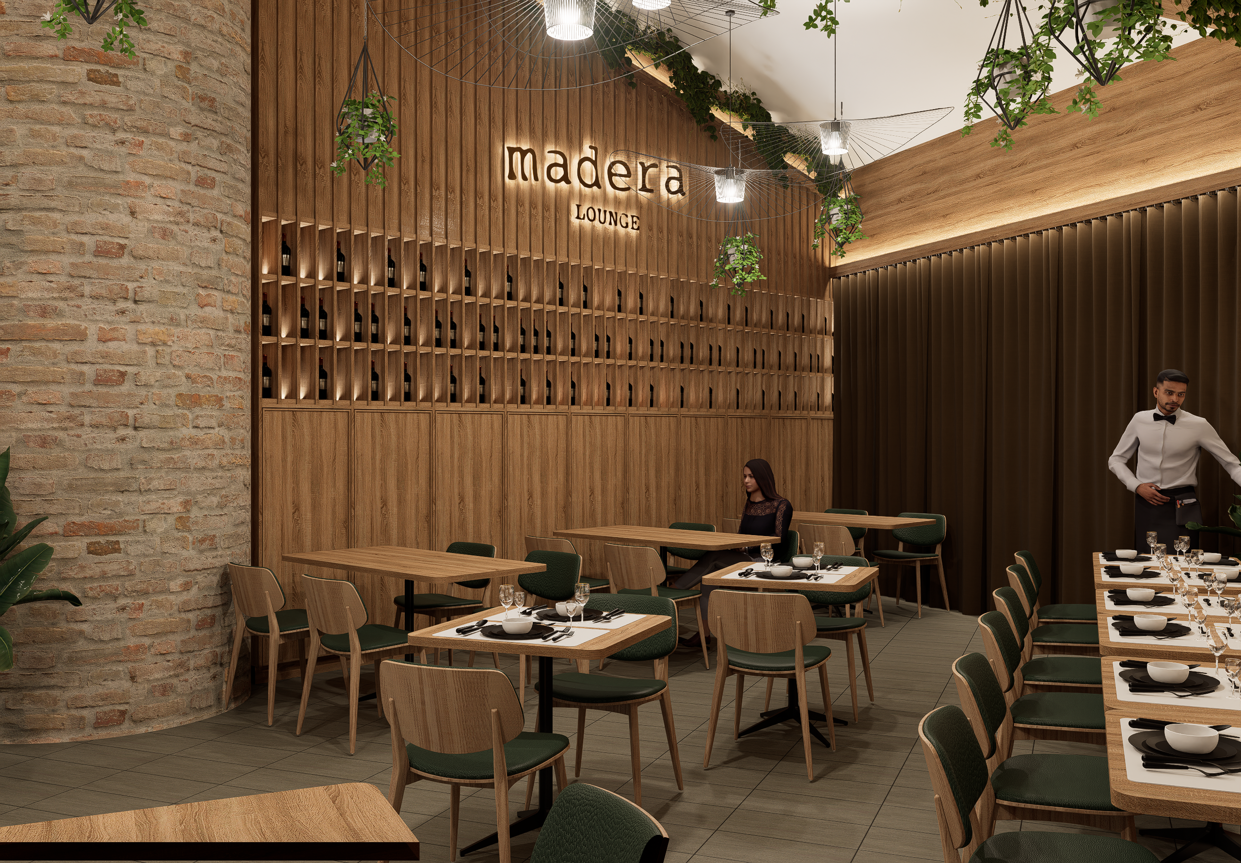 Dining room and illuminated Madera Lounge display wall