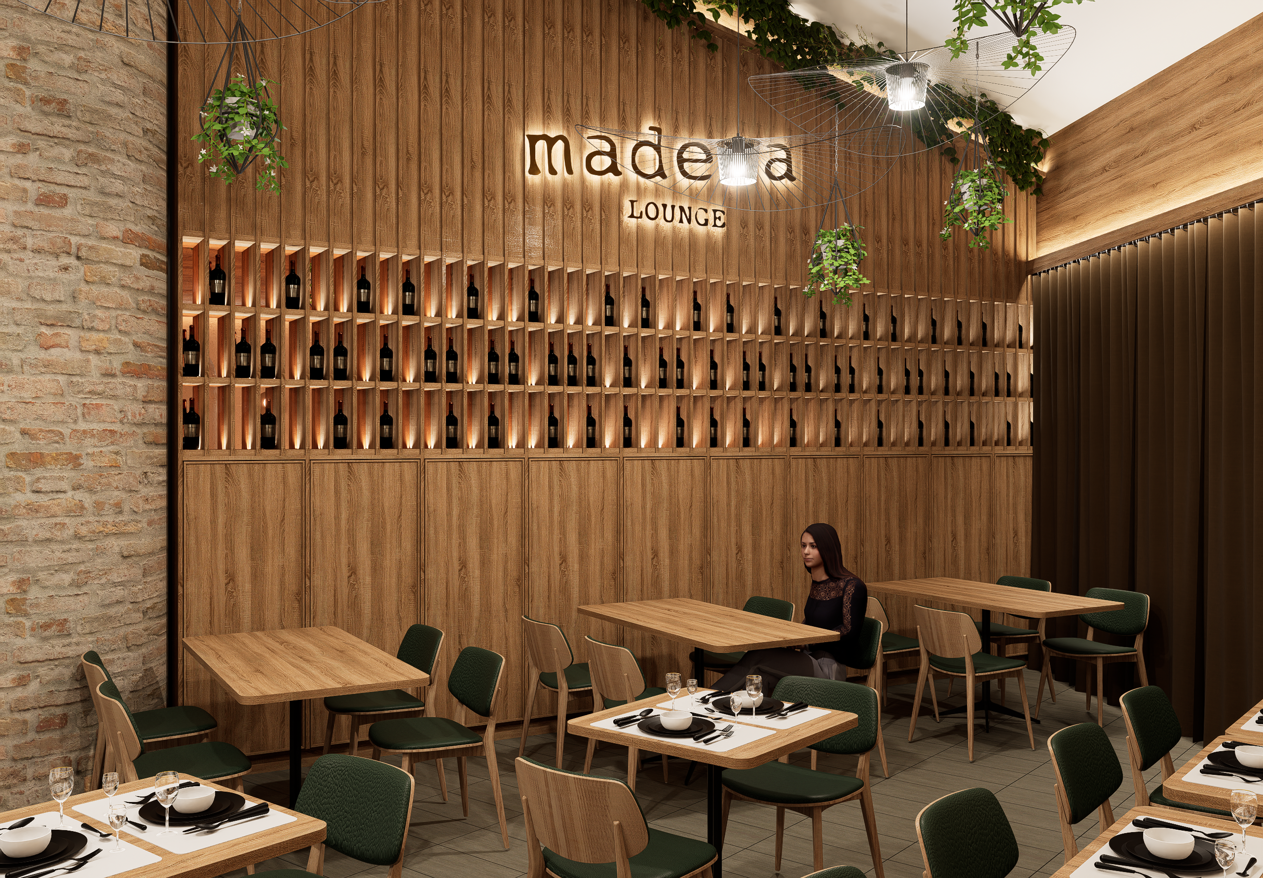 Detail of the timber wine display and dining area