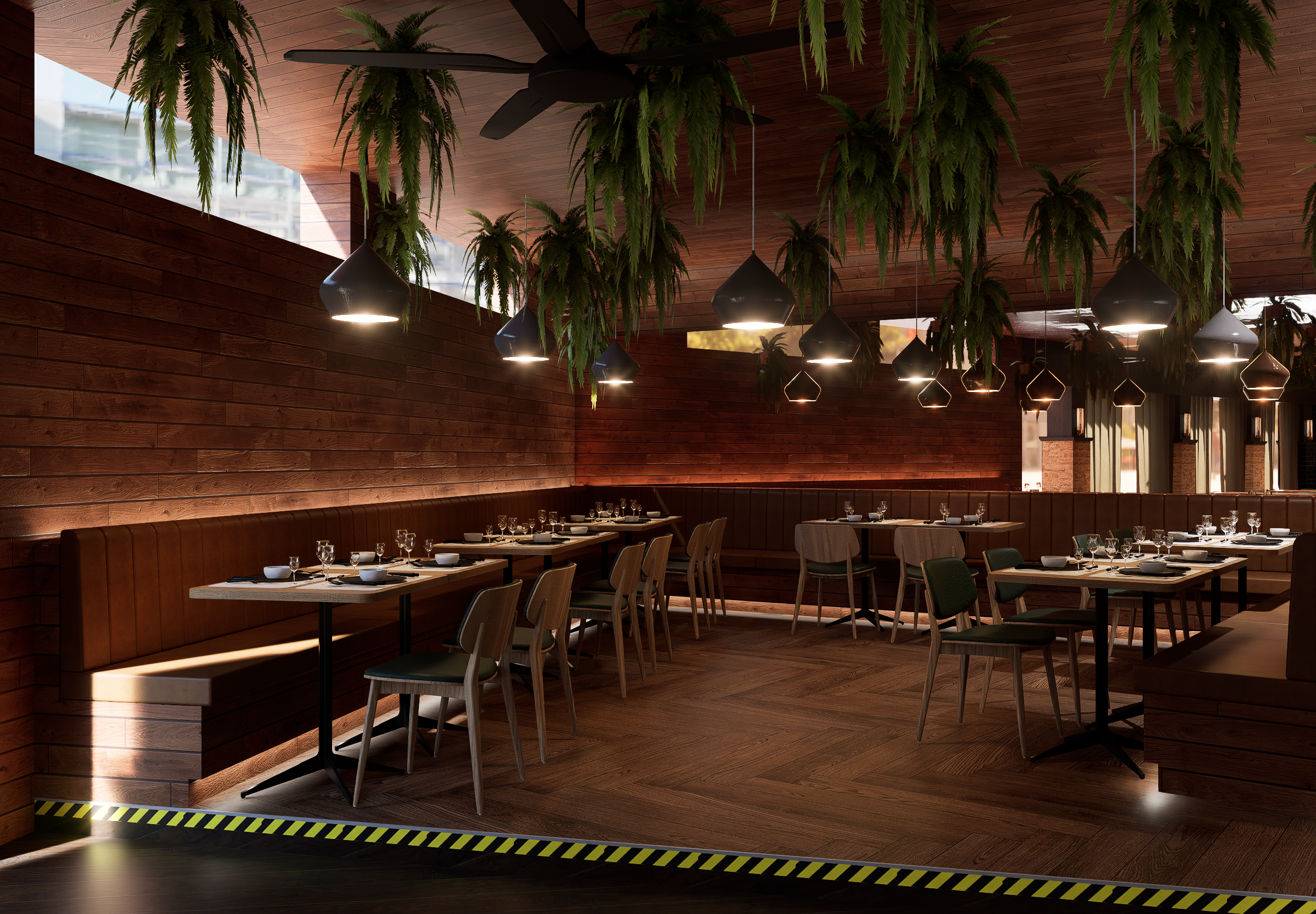 Warm timber-lined banquette dining room with hanging planting