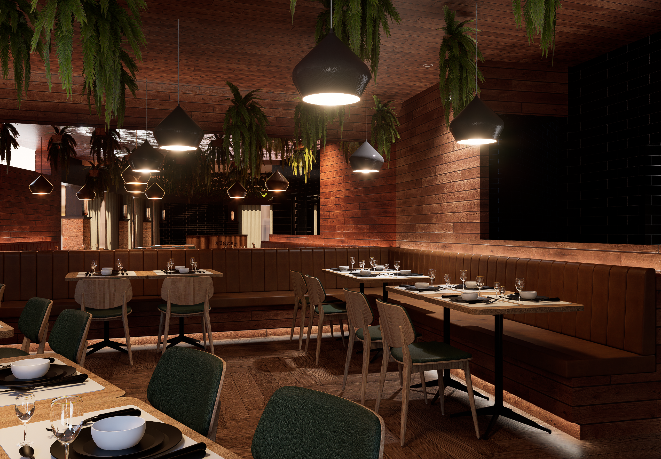 Intimate banquette seating beneath feature pendant lights