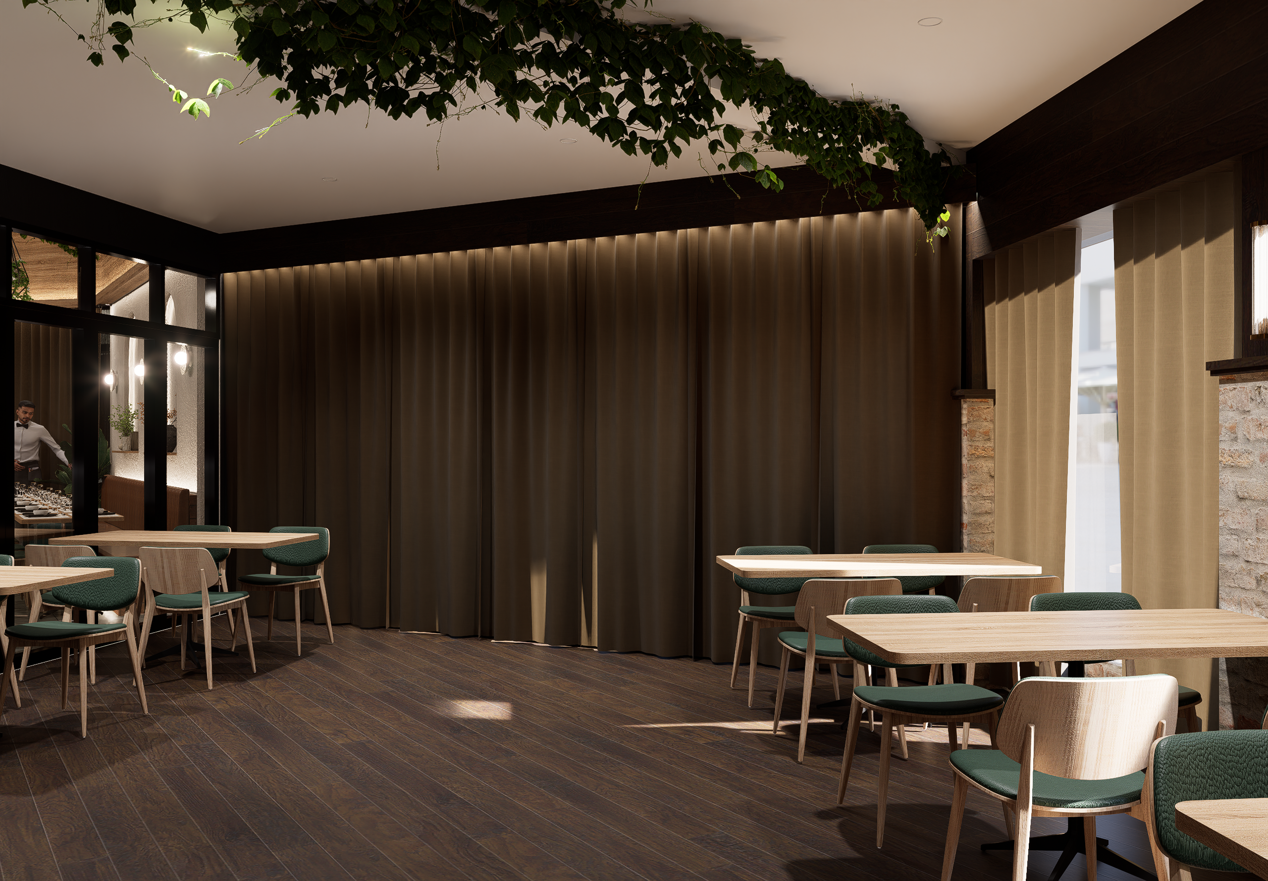 Flexible dining room with integrated planting and curtains